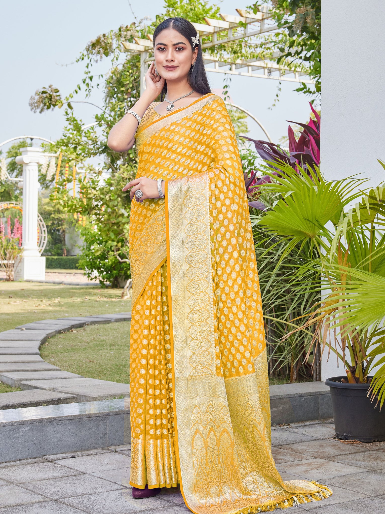 Mustard Gold Georgette Saree ANSH - View 1