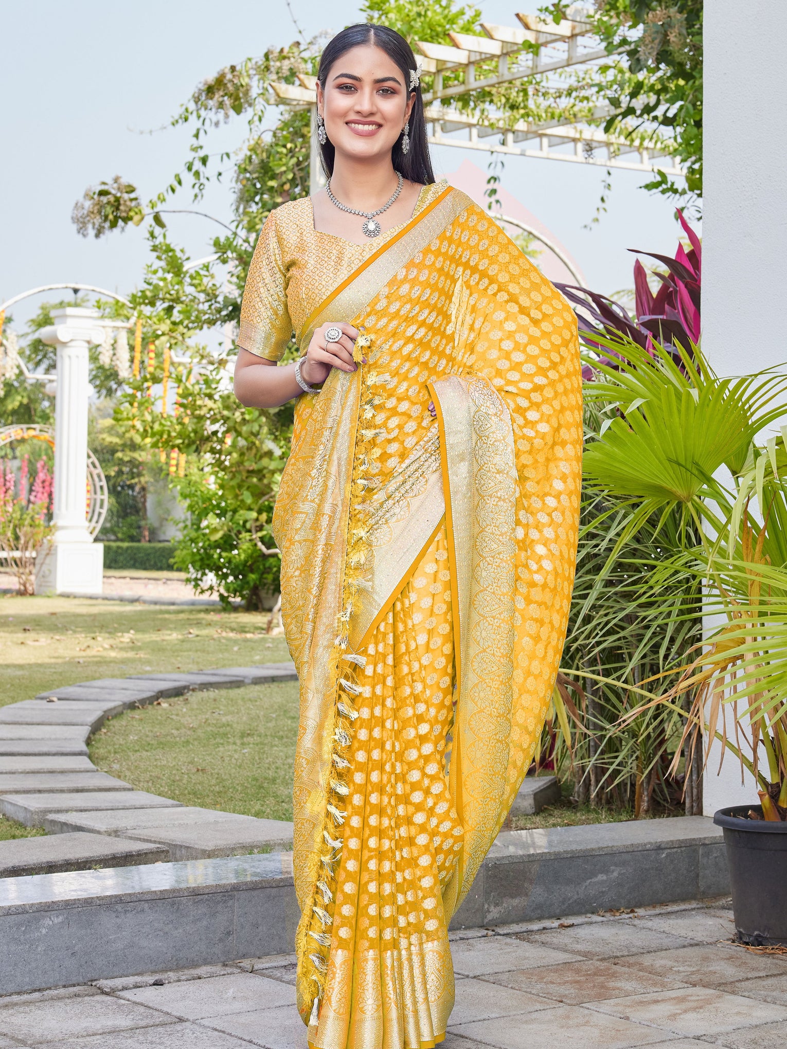 Mustard Gold Georgette Saree ANSH - View 5