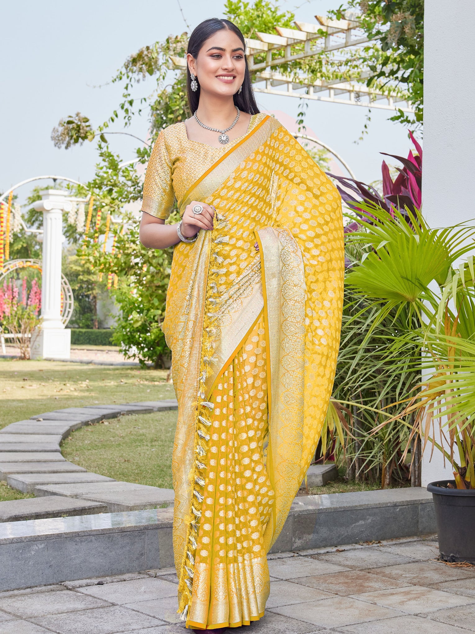 Mustard Gold Georgette Saree ANSH - View 6