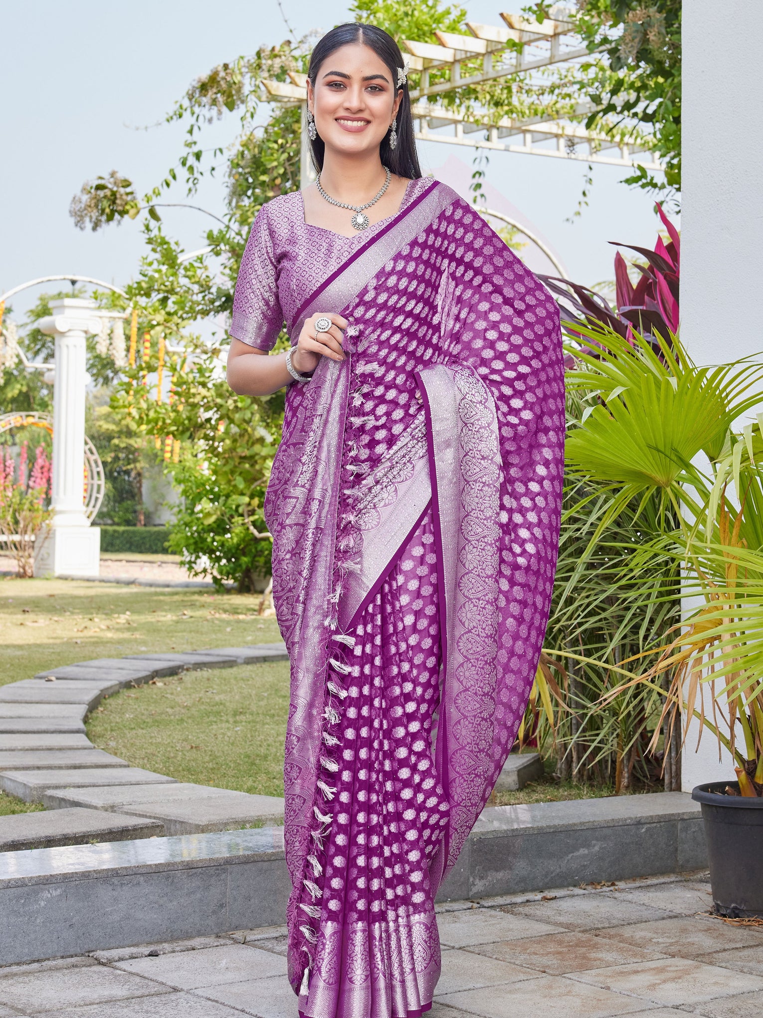 Wine Georgette Saree ANSH - View 5