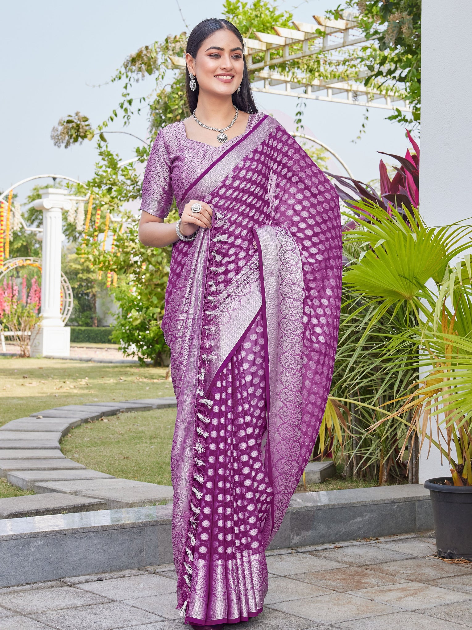 Wine Georgette Saree ANSH - View 6
