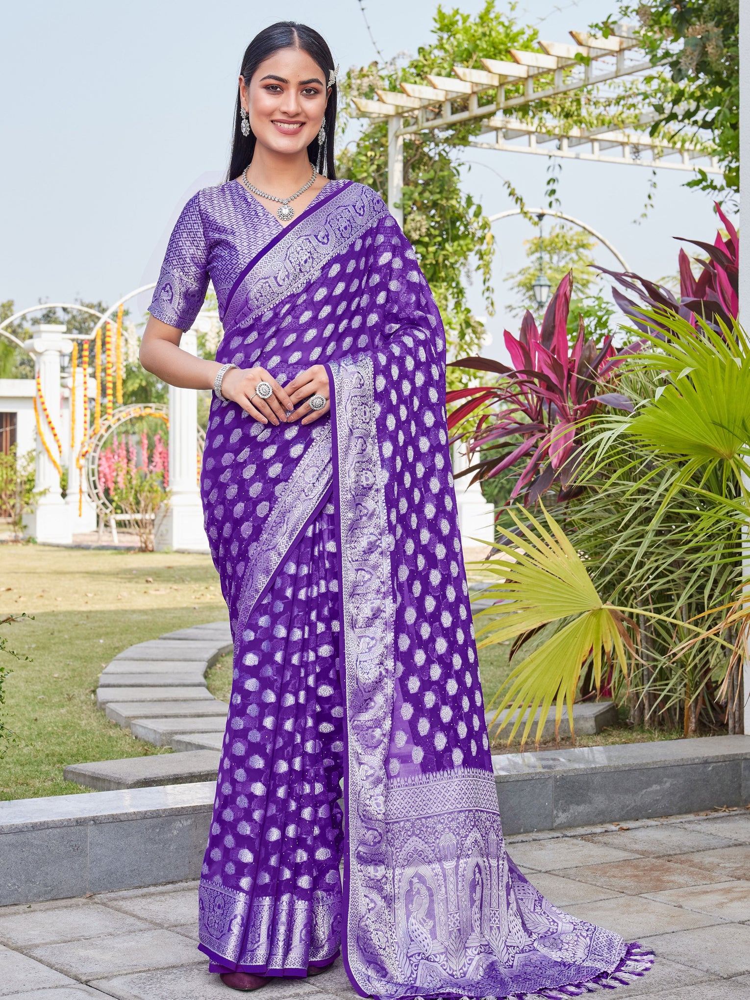 Purple Georgette Saree BATA - View 1