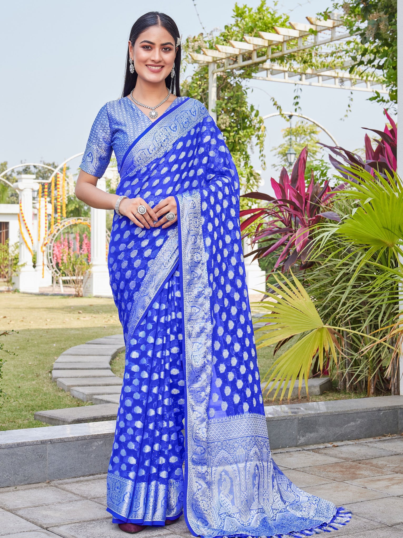 Royal Blue Georgette Saree BATA - View 4