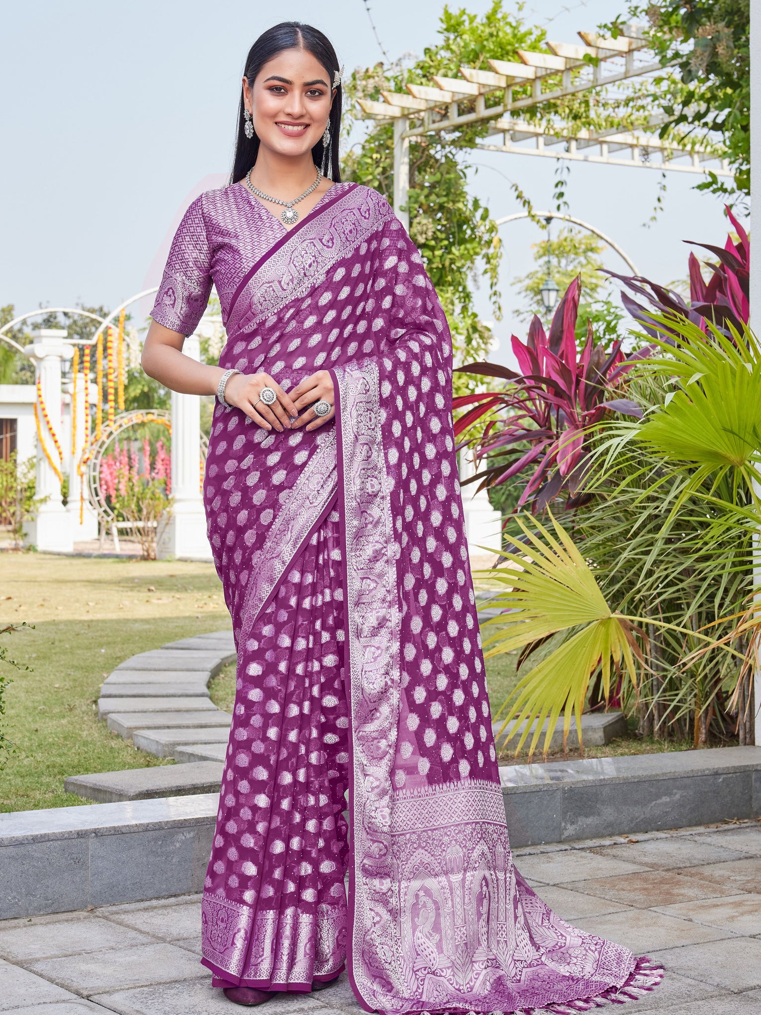 Wine Georgette Saree BATA - View 1