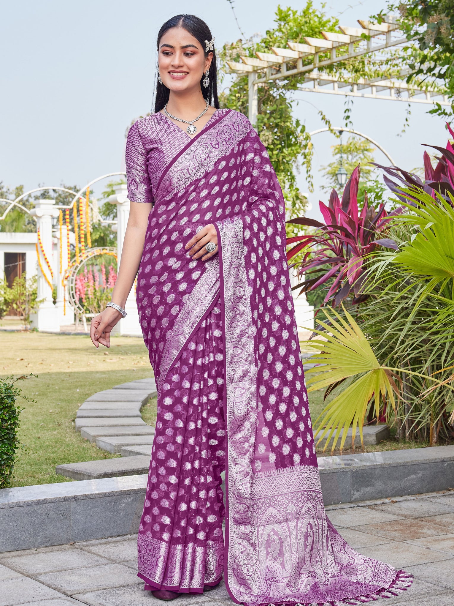 Wine Georgette Saree BATA - View 2