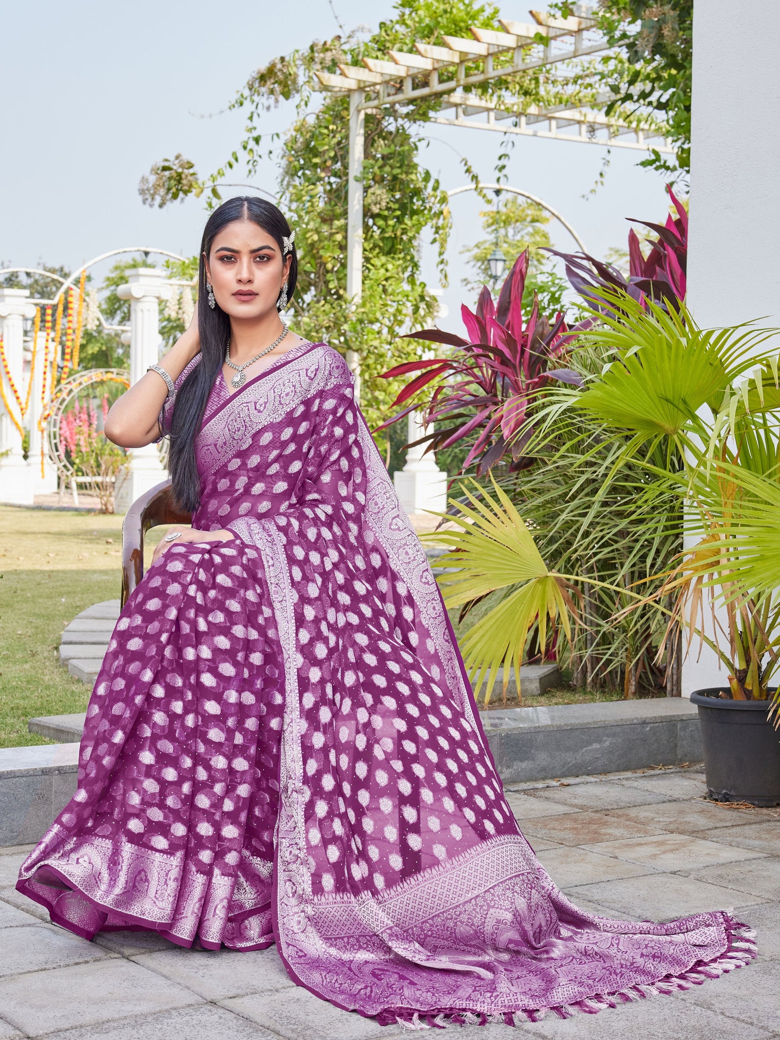 Wine Georgette Saree BATA - View 6