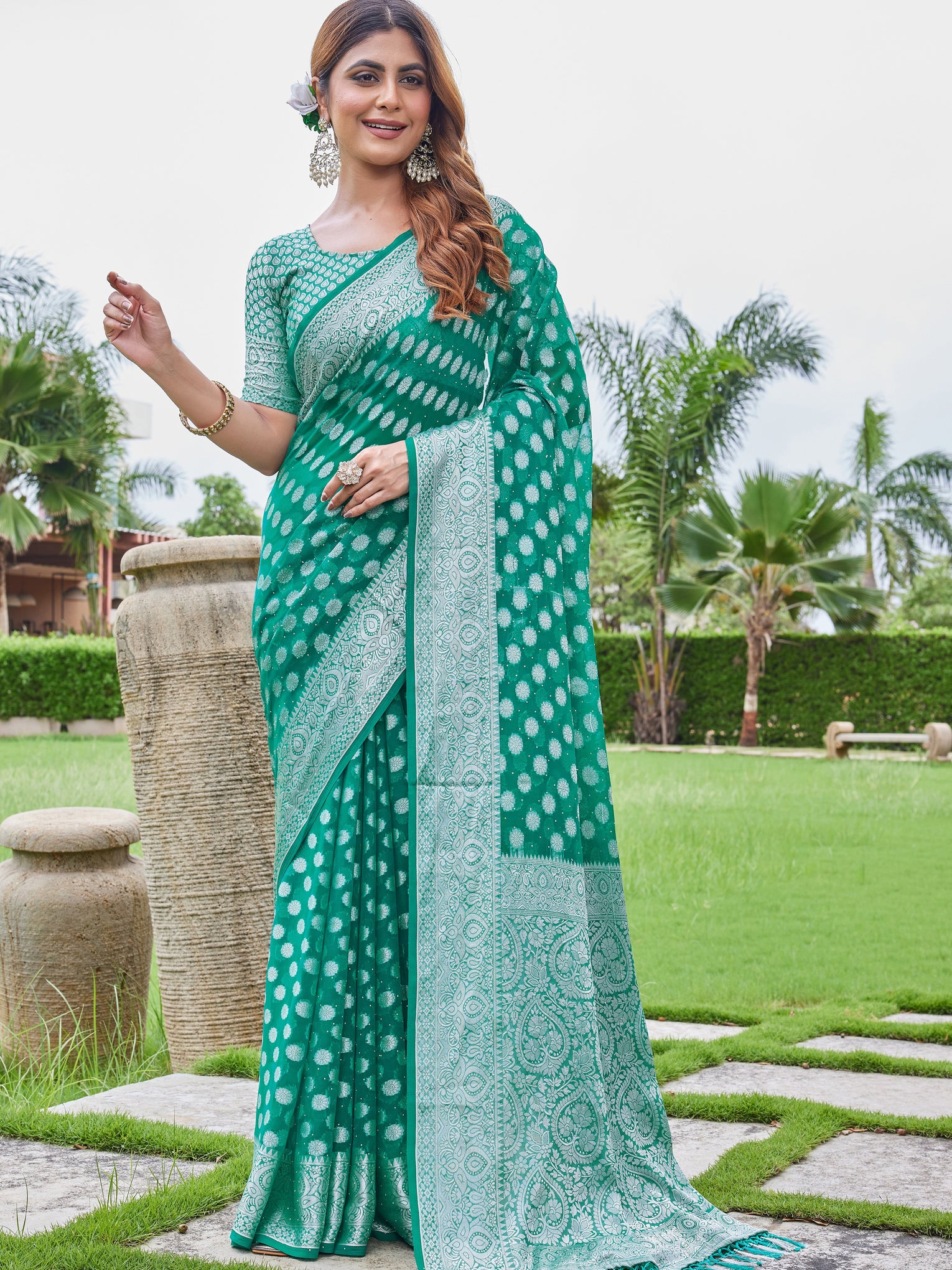 Green Georgette Saree DUMAS - View 2