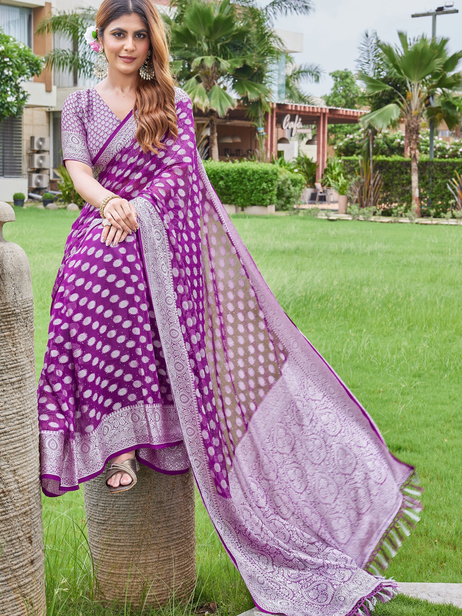 Wine Georgette Saree DUMAS - View 6