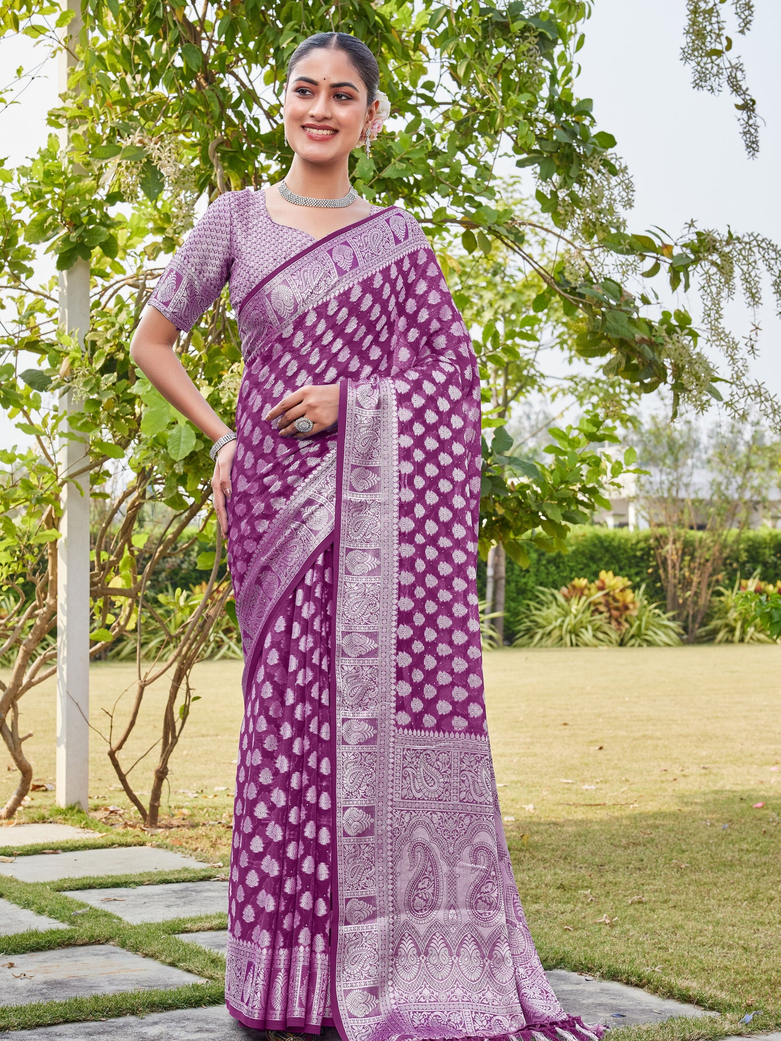 Wine Georgette Saree MAHESH - View 1