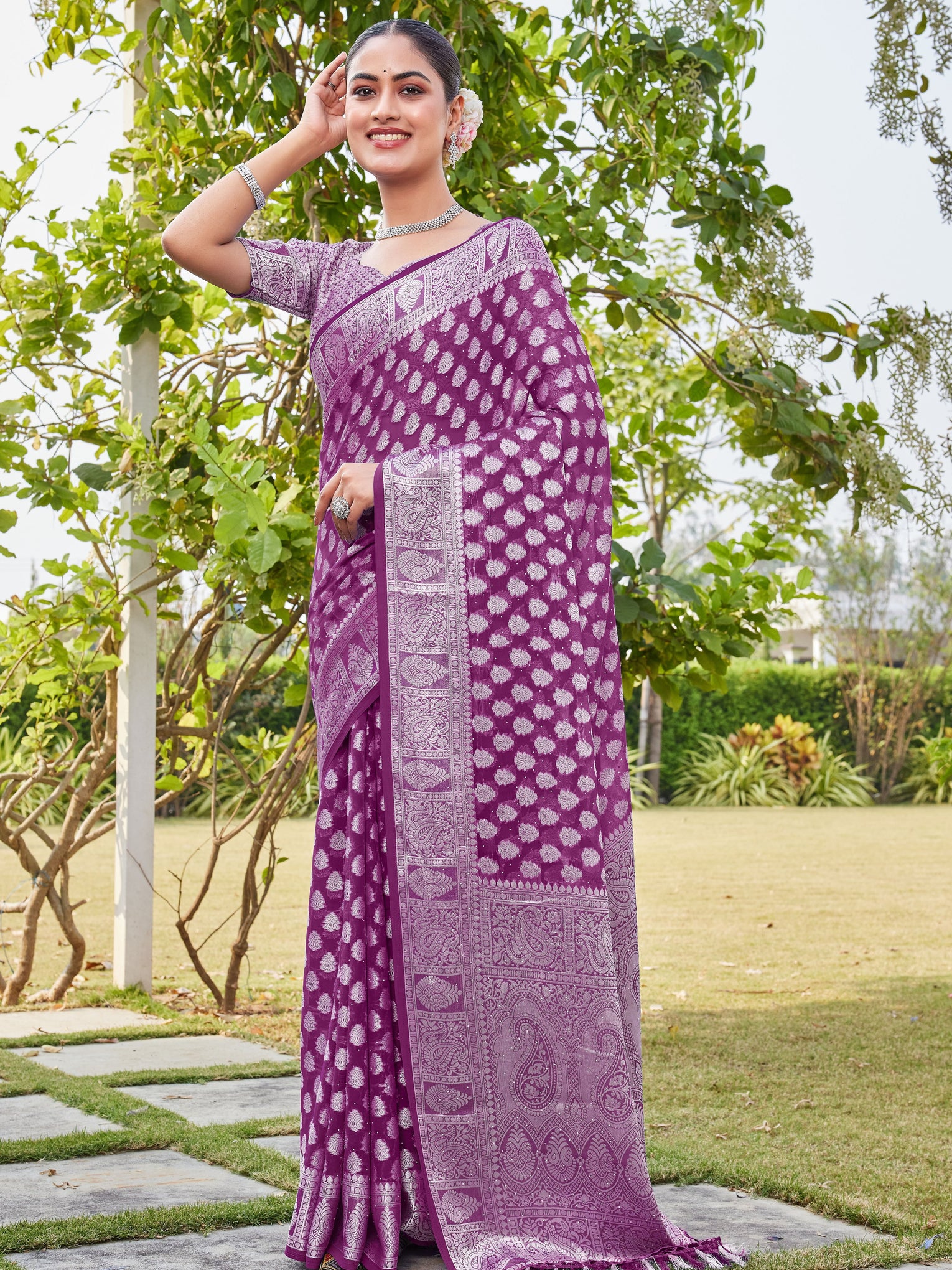 Wine Georgette Saree MAHESH - View 3