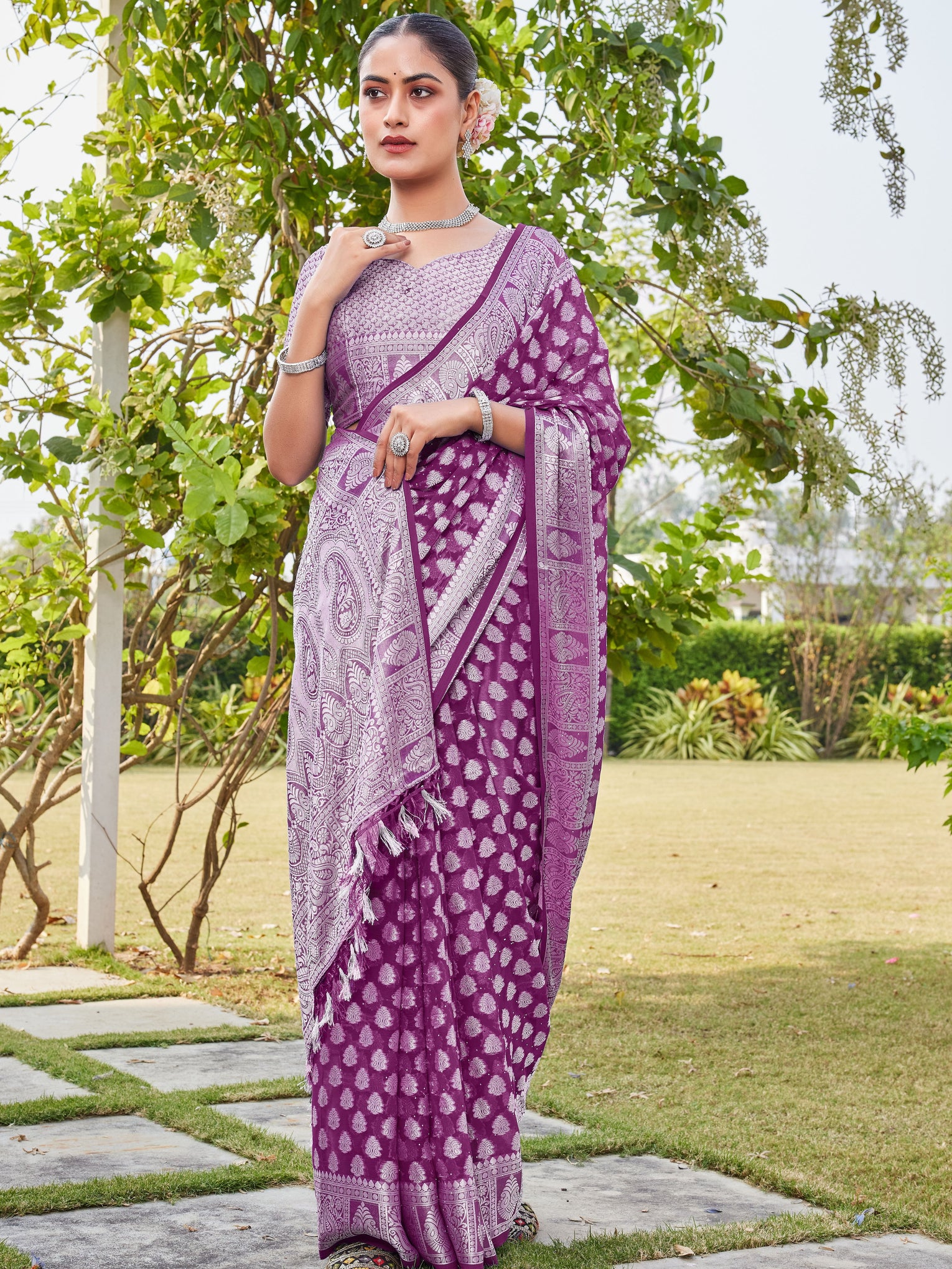 Wine Georgette Saree MAHESH - View 6