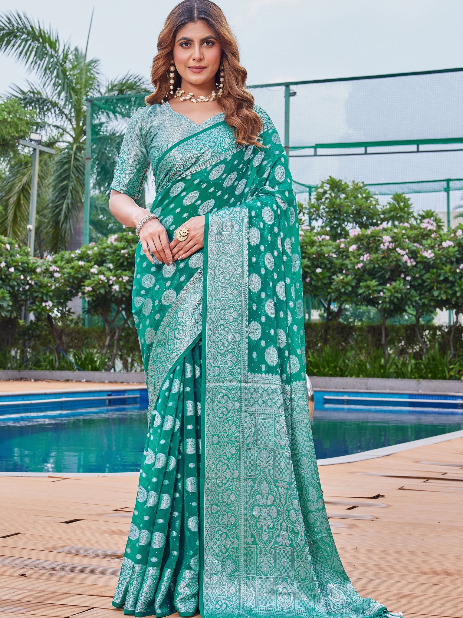 Green Georgette Saree MAJURA - View 1