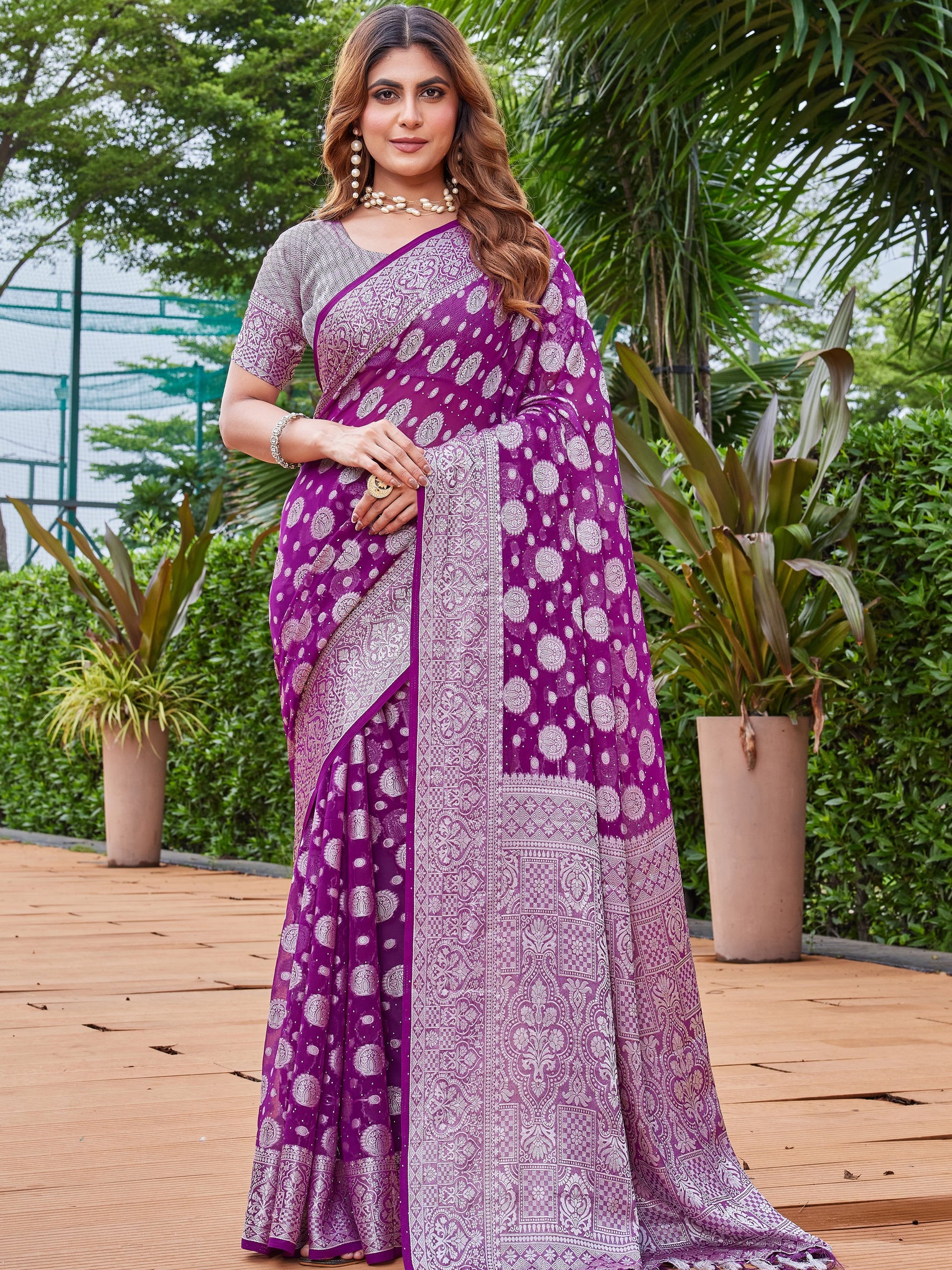 Wine Georgette Saree MAJURA - View 1