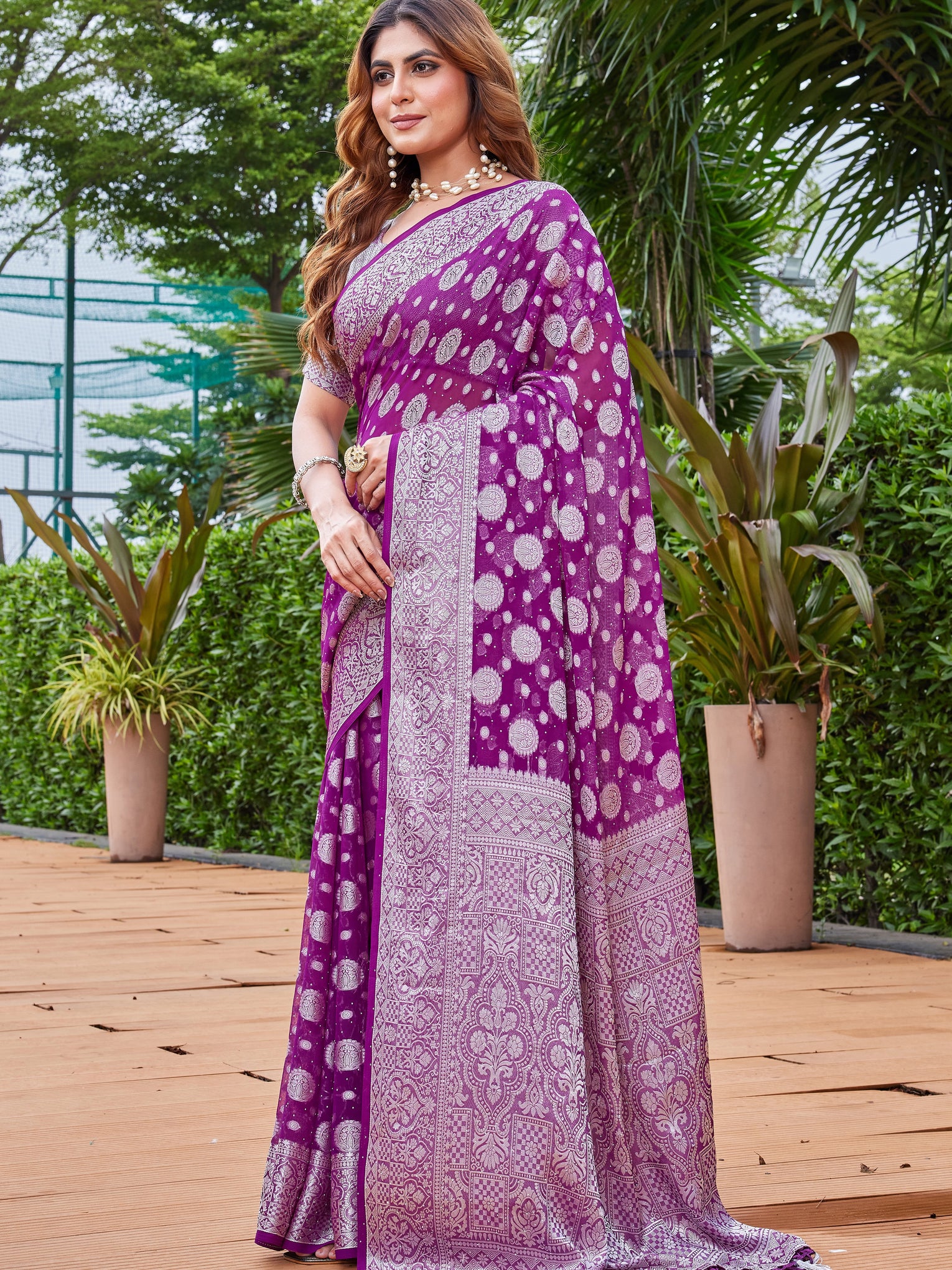 Wine Georgette Saree MAJURA - View 3