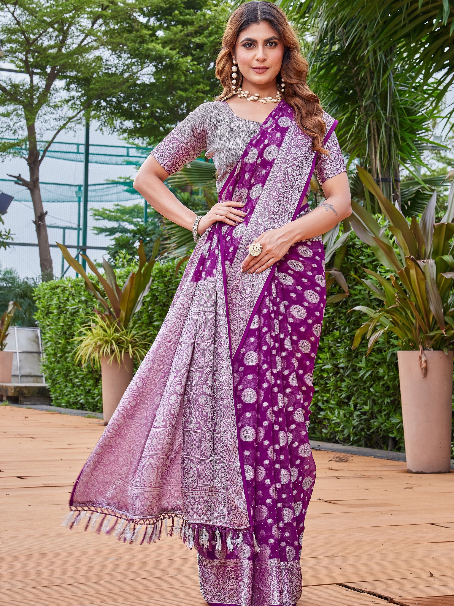 Wine Georgette Saree MAJURA - View 5