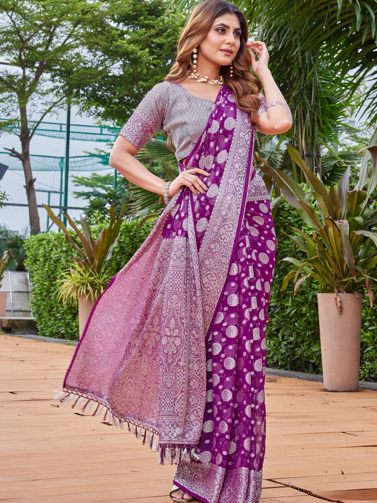 Wine Georgette Saree MAJURA - View 6