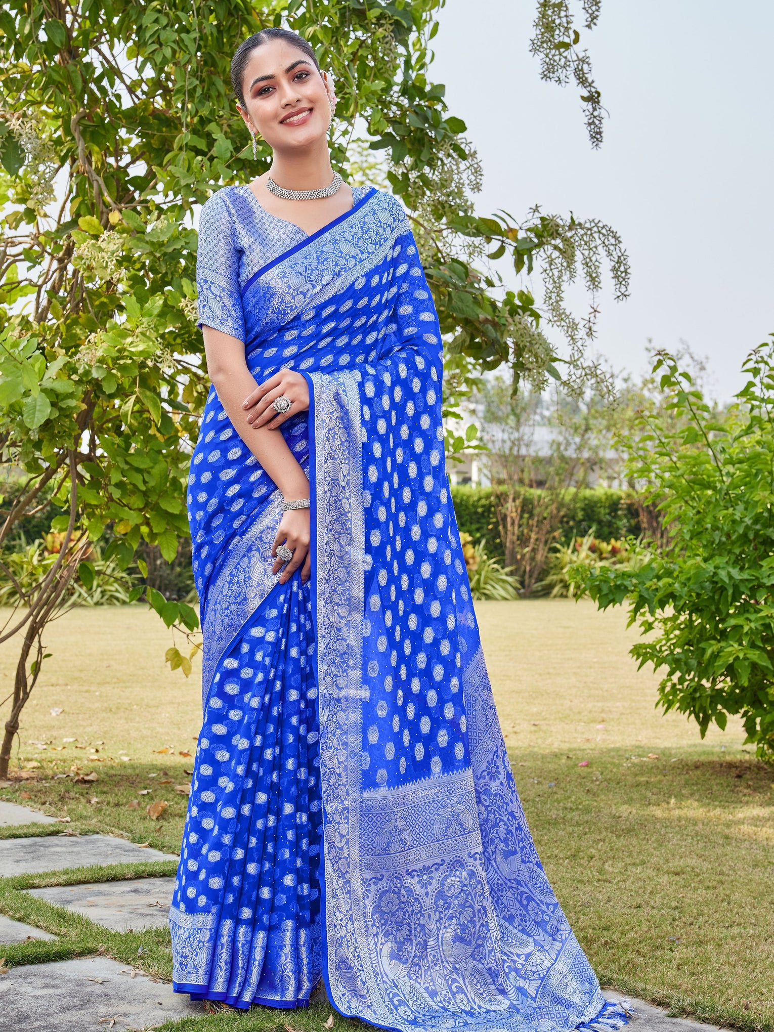 Royal Blue Georgette Saree PANKAJ - View 1
