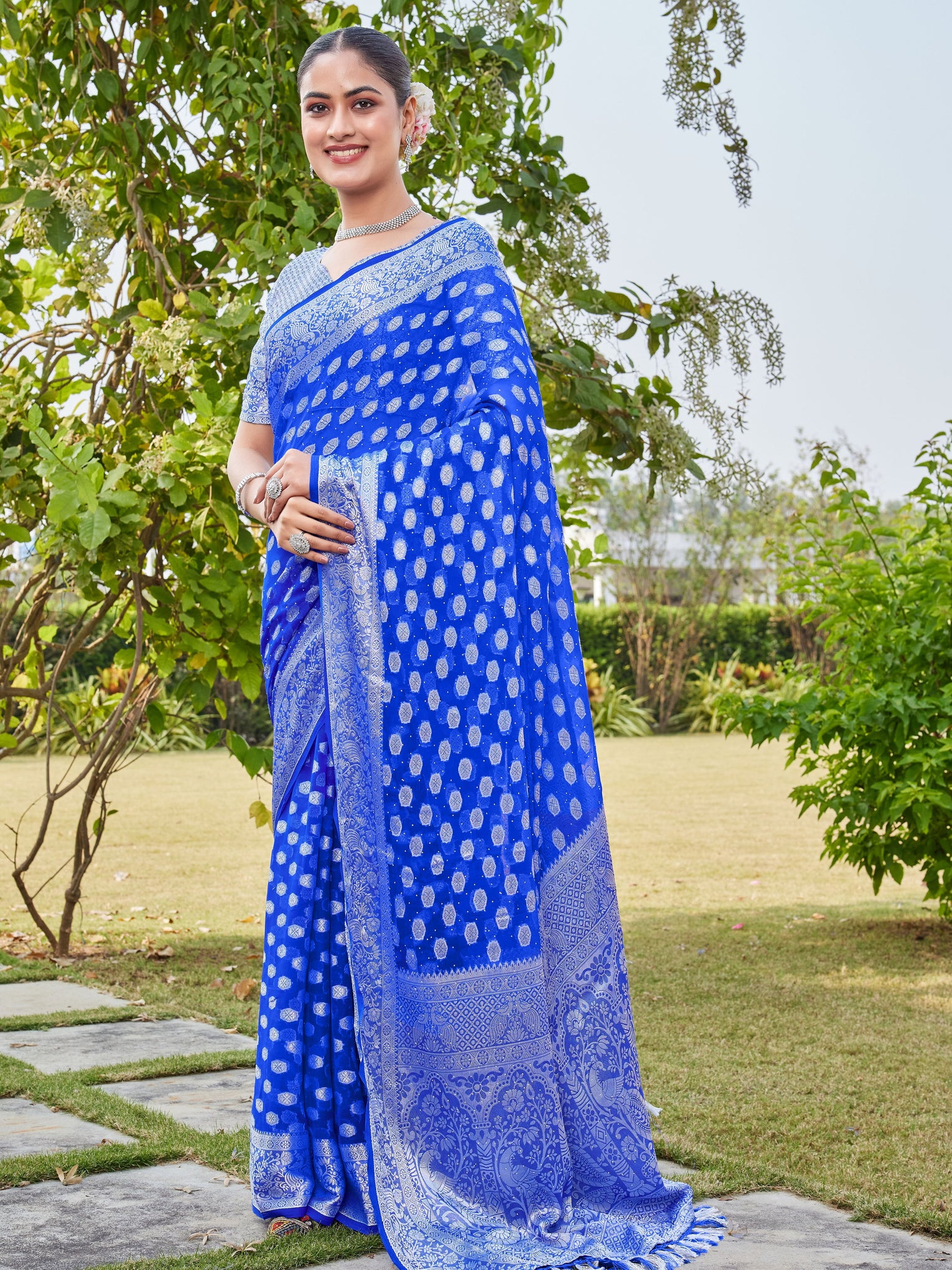 Royal Blue Georgette Saree PANKAJ - View 2