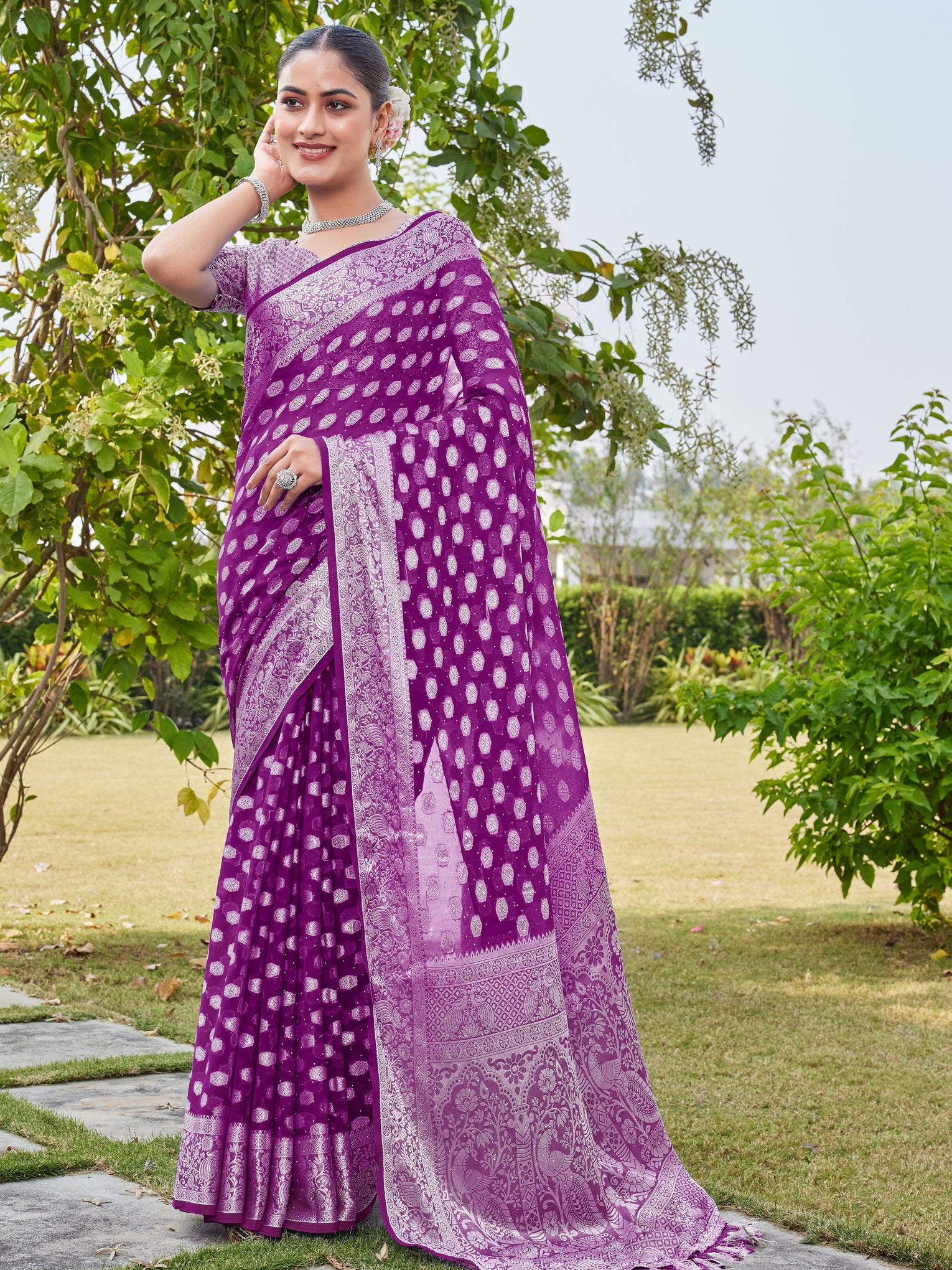 Wine Georgette Saree PANKAJ - View 5