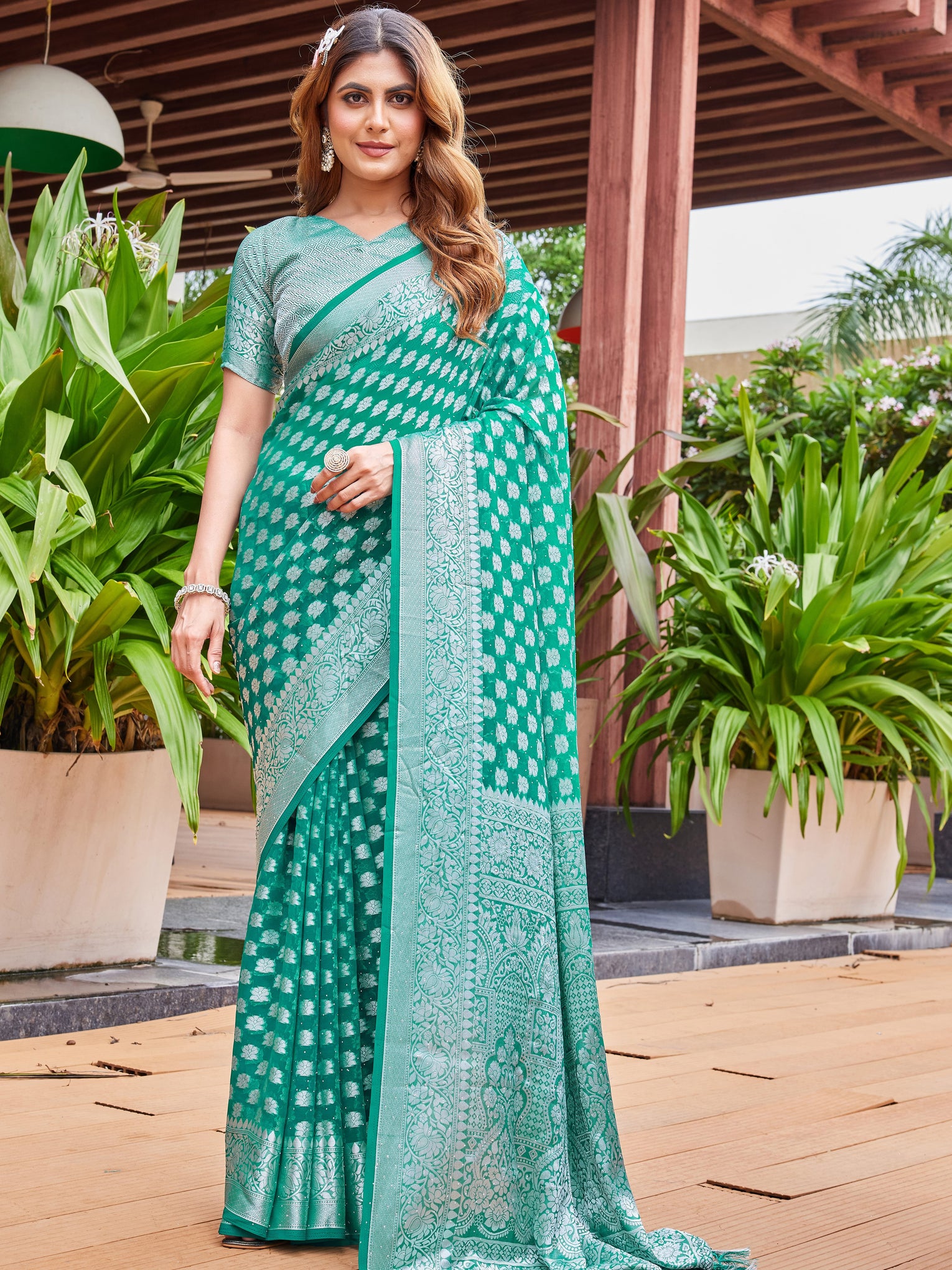 Green Georgette Saree PIPLOD - View 1
