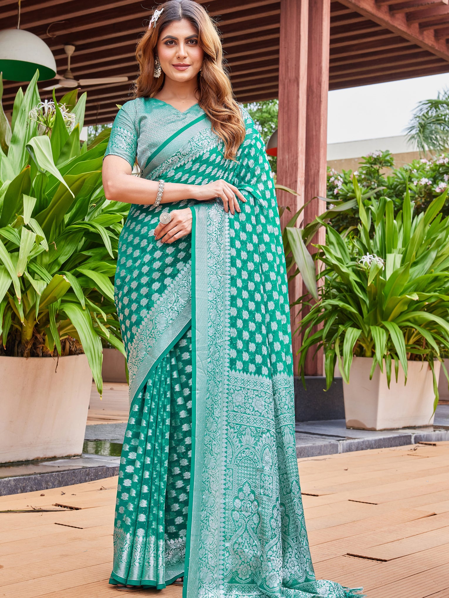 Green Georgette Saree PIPLOD - View 3