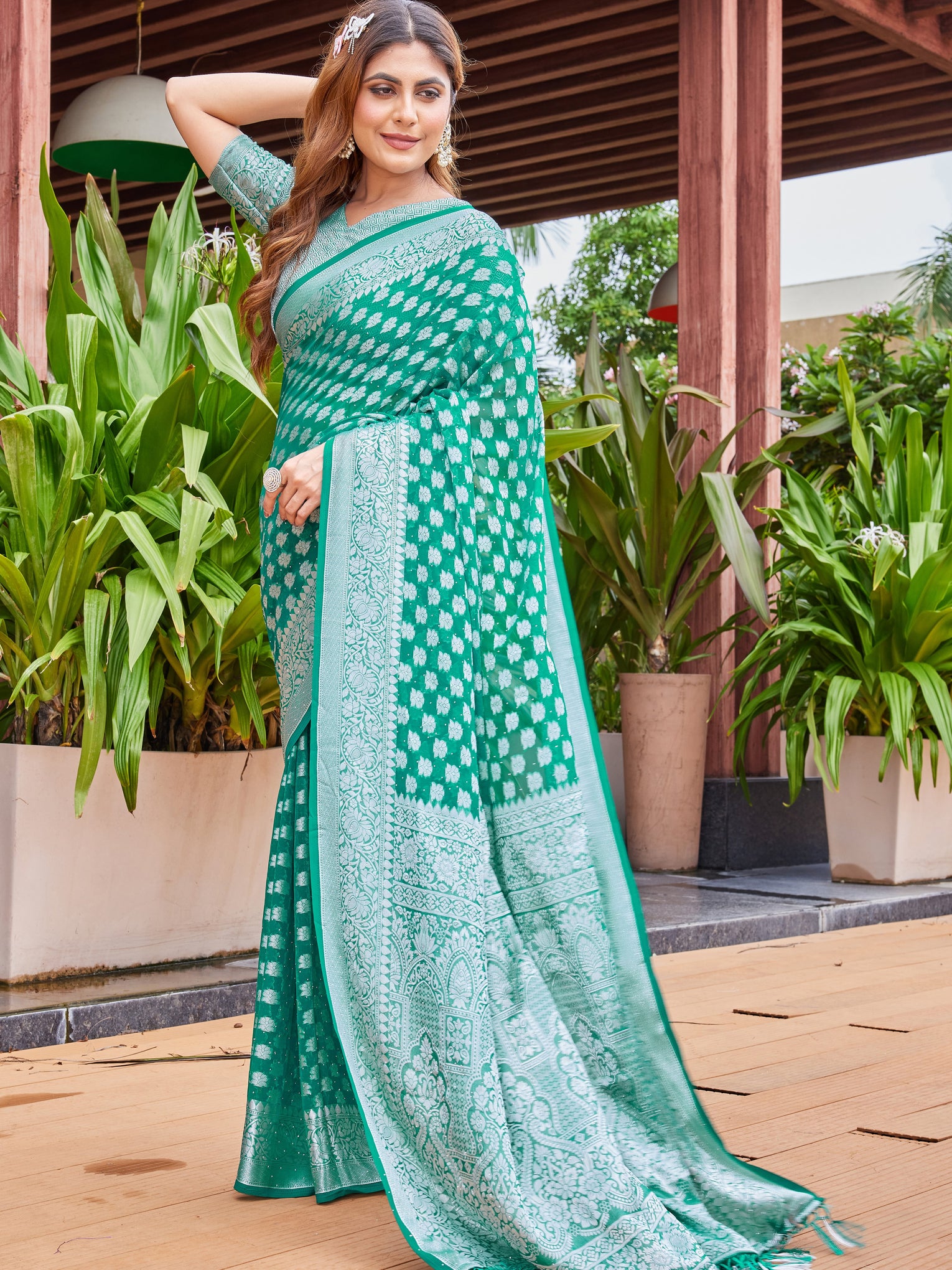Green Georgette Saree PIPLOD - View 6