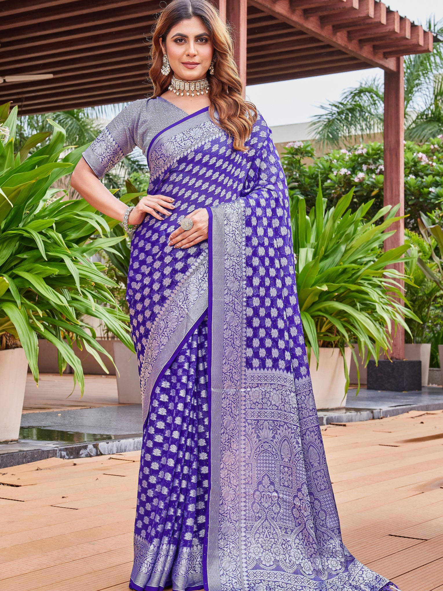 Purple Georgette Saree PIPLOD - View 1