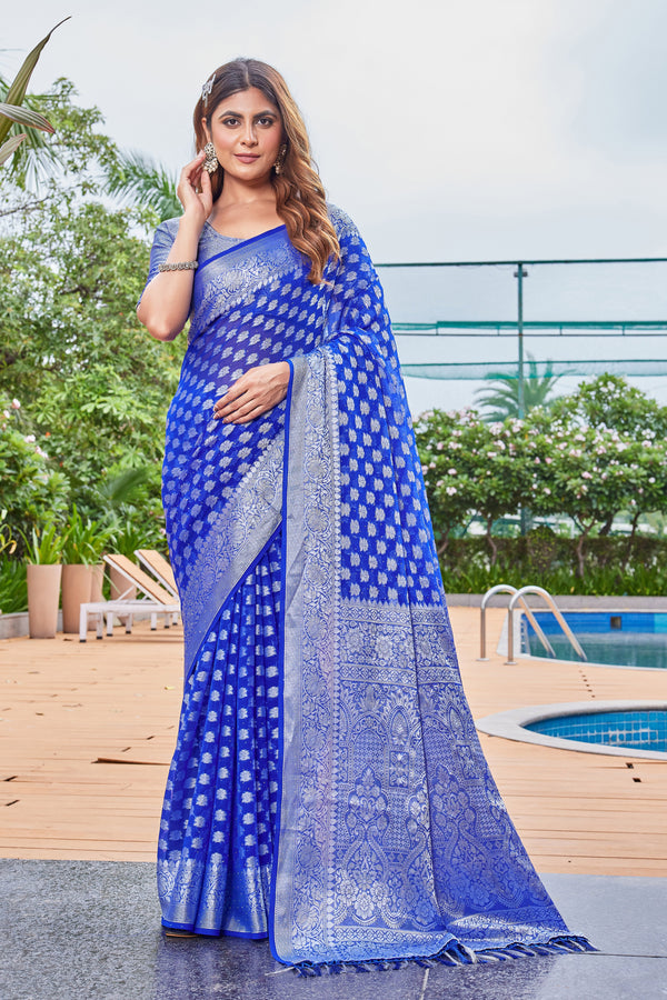 Royal Blue Georgette Saree PIPLOD - View 1