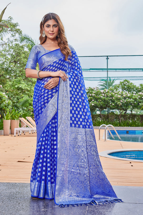 Royal Blue Georgette Saree PIPLOD - View 2