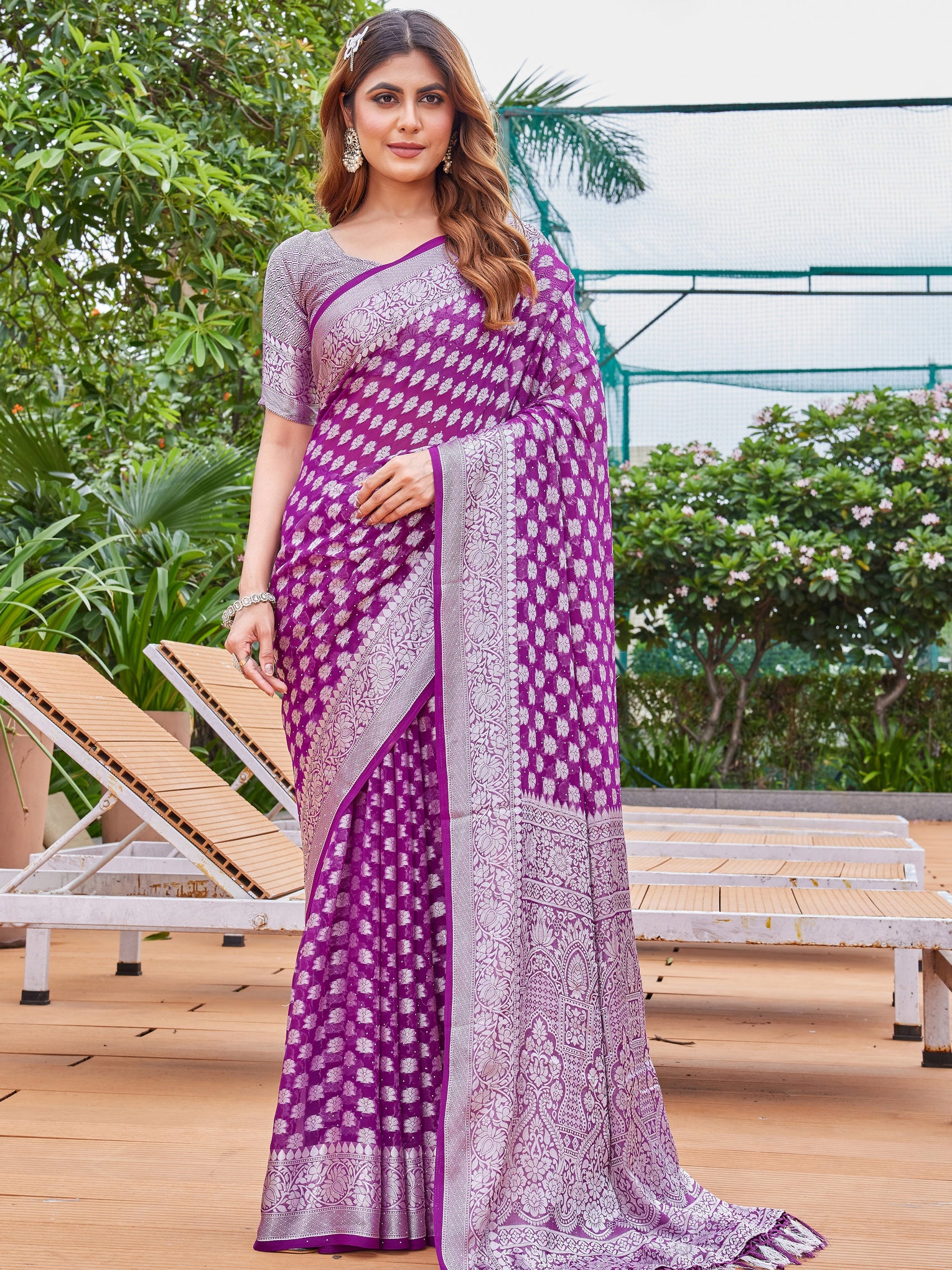 Wine Georgette Saree PIPLOD - View 1