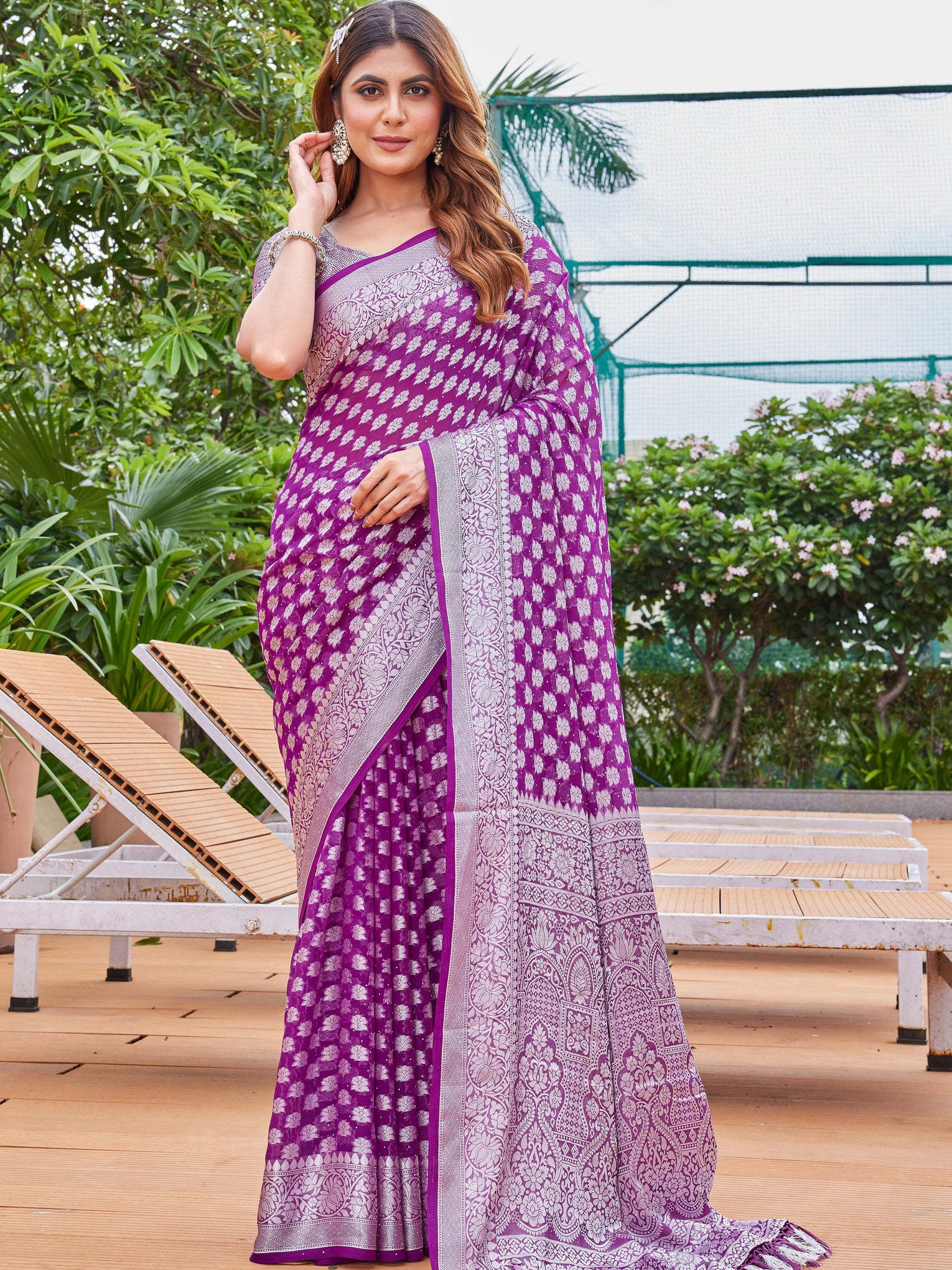 Wine Georgette Saree PIPLOD - View 2