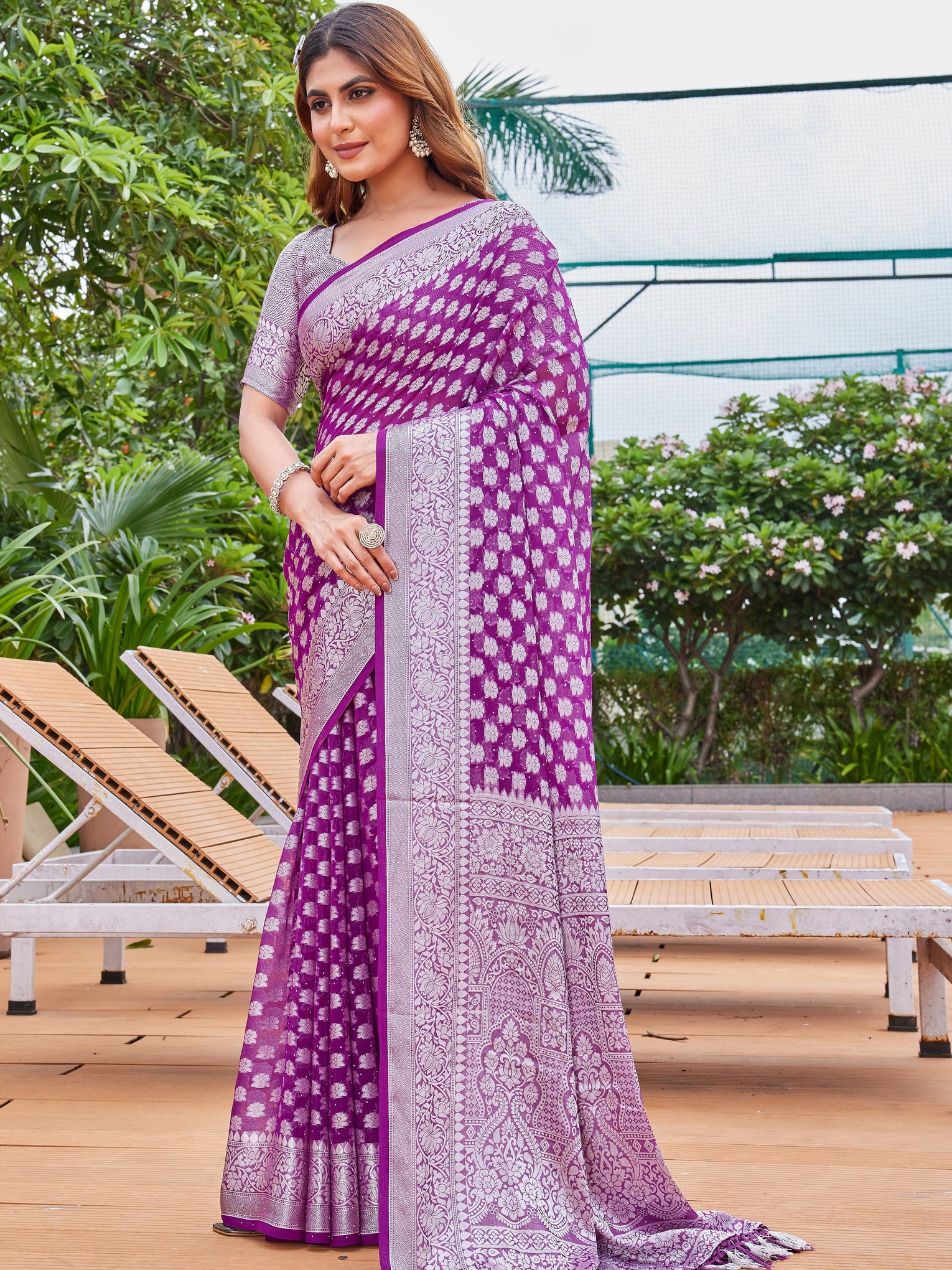Wine Georgette Saree PIPLOD - View 3