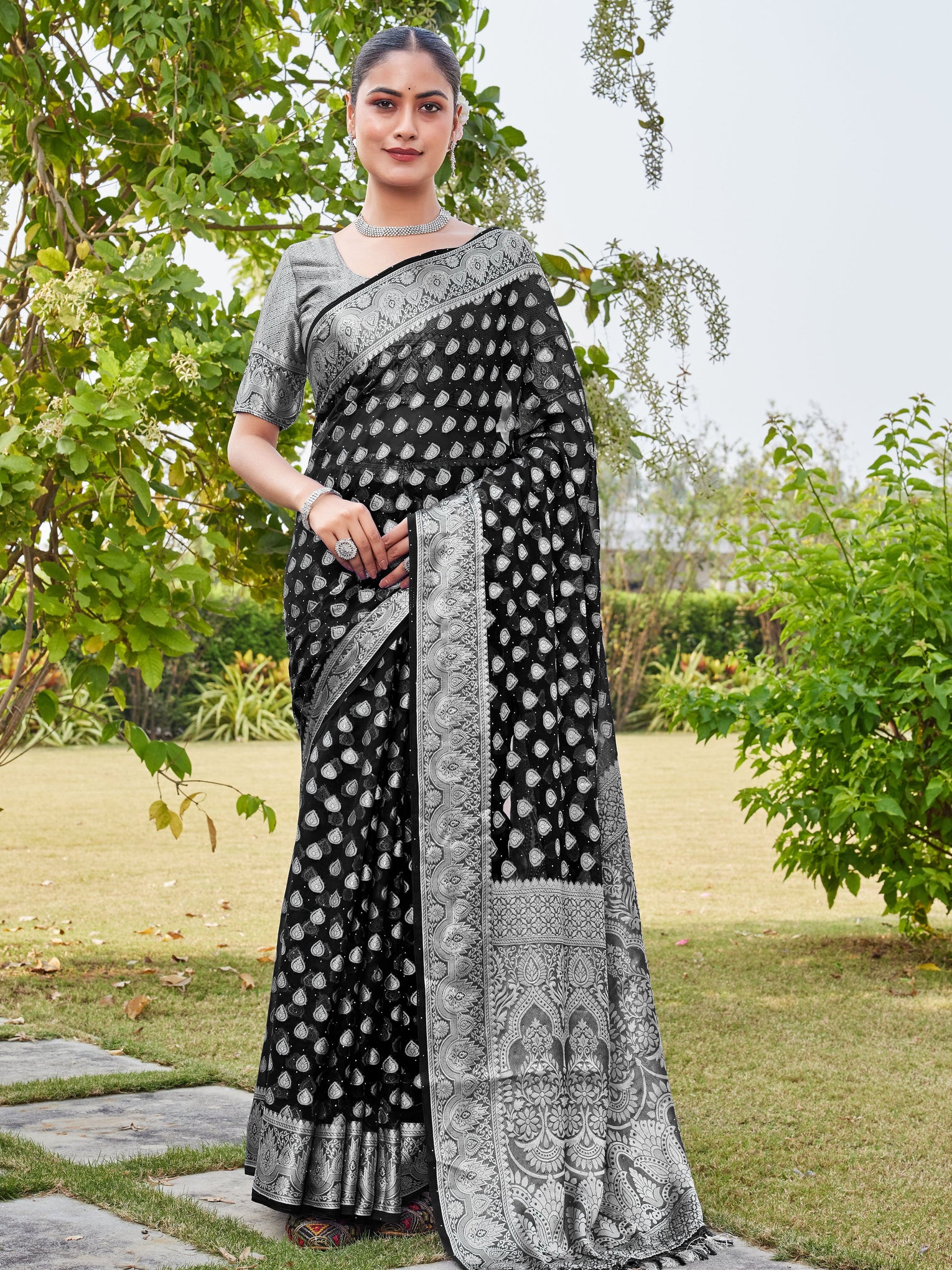 Black Georgette Saree RAJESH - View 1