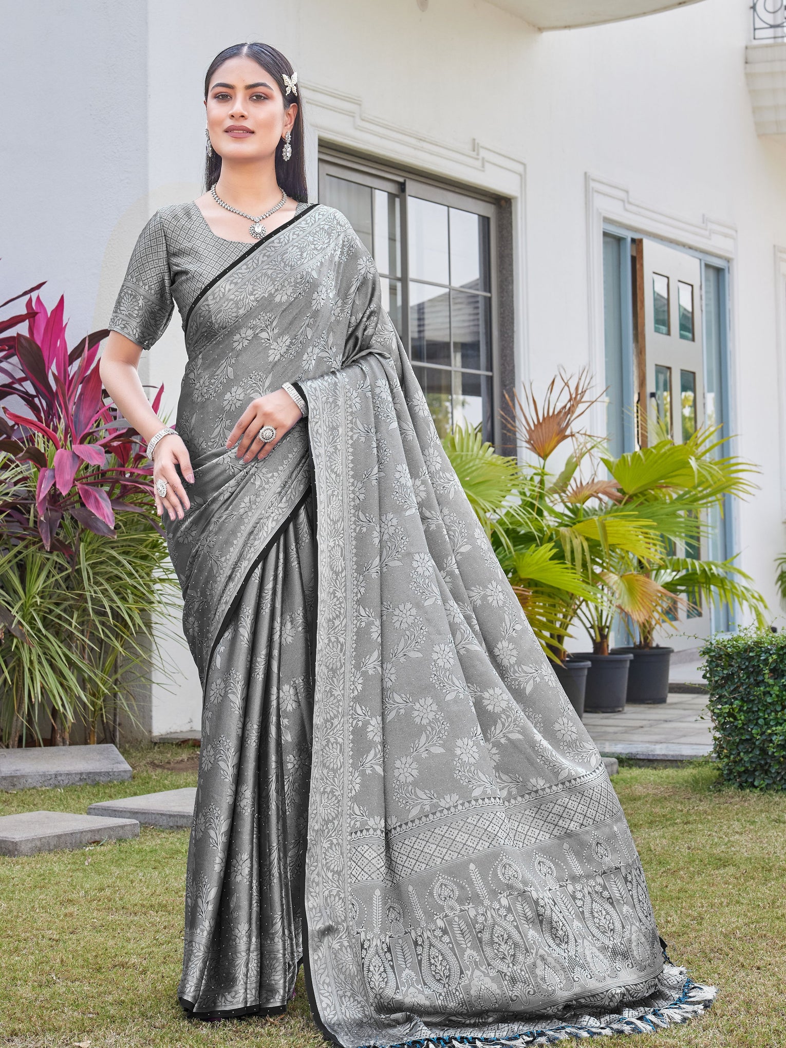 Charcoal Grey Georgette Saree RITU - View 1