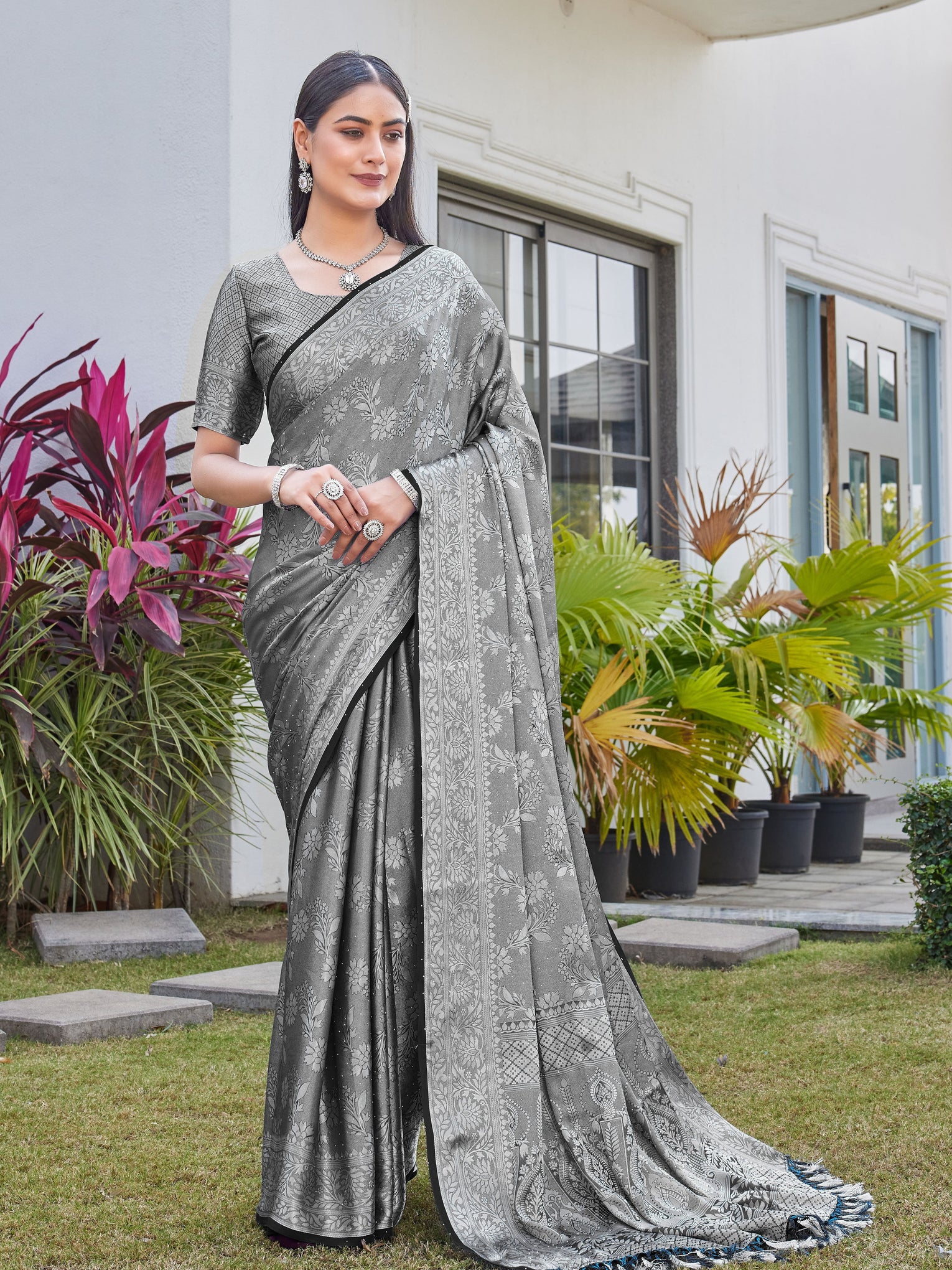 Charcoal Grey Georgette Saree RITU - View 2