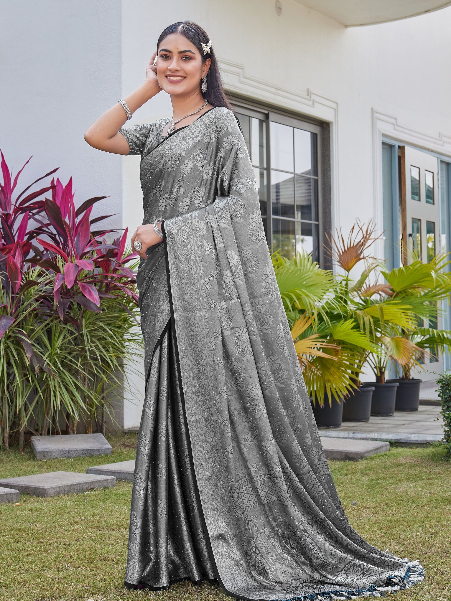 Charcoal Grey Georgette Saree RITU - View 3