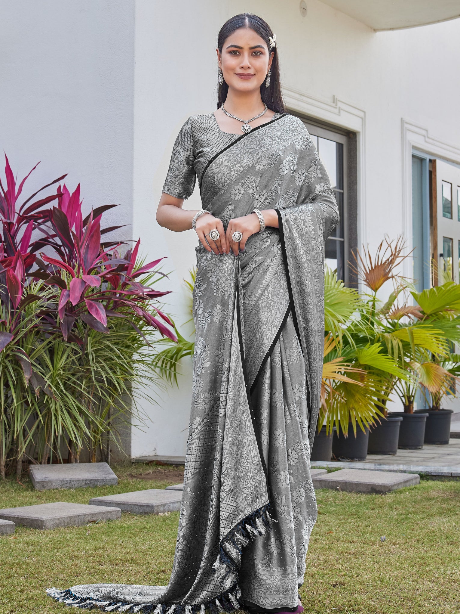 Charcoal Grey Georgette Saree RITU - View 5