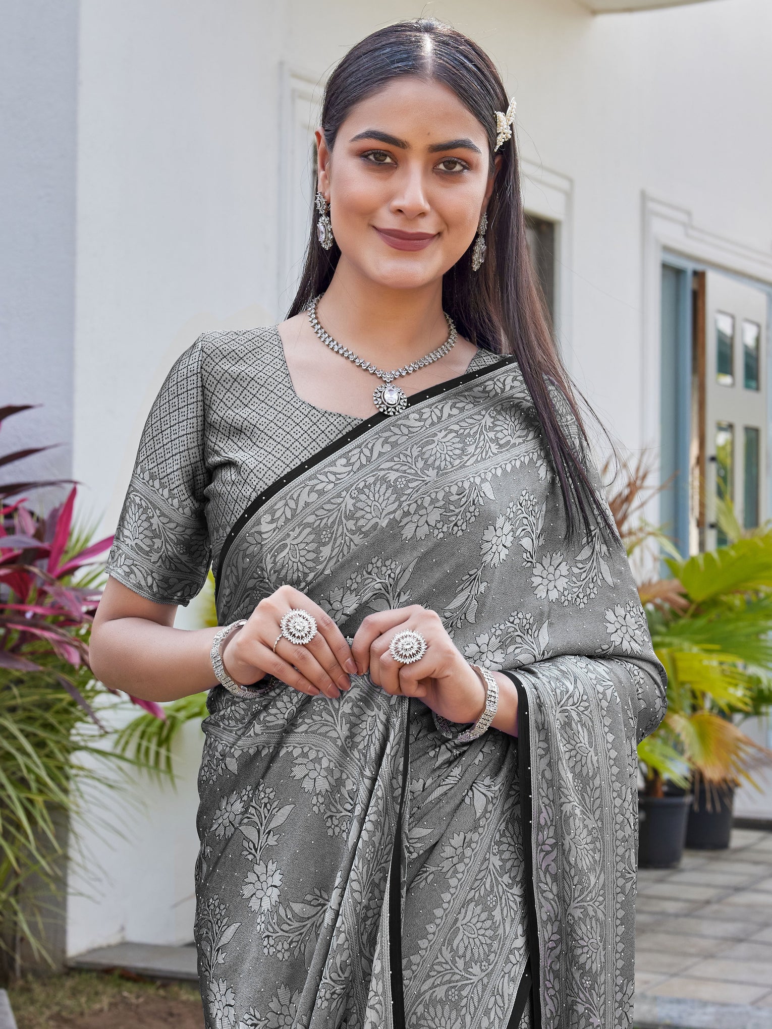 Charcoal Grey Georgette Saree RITU - View 7