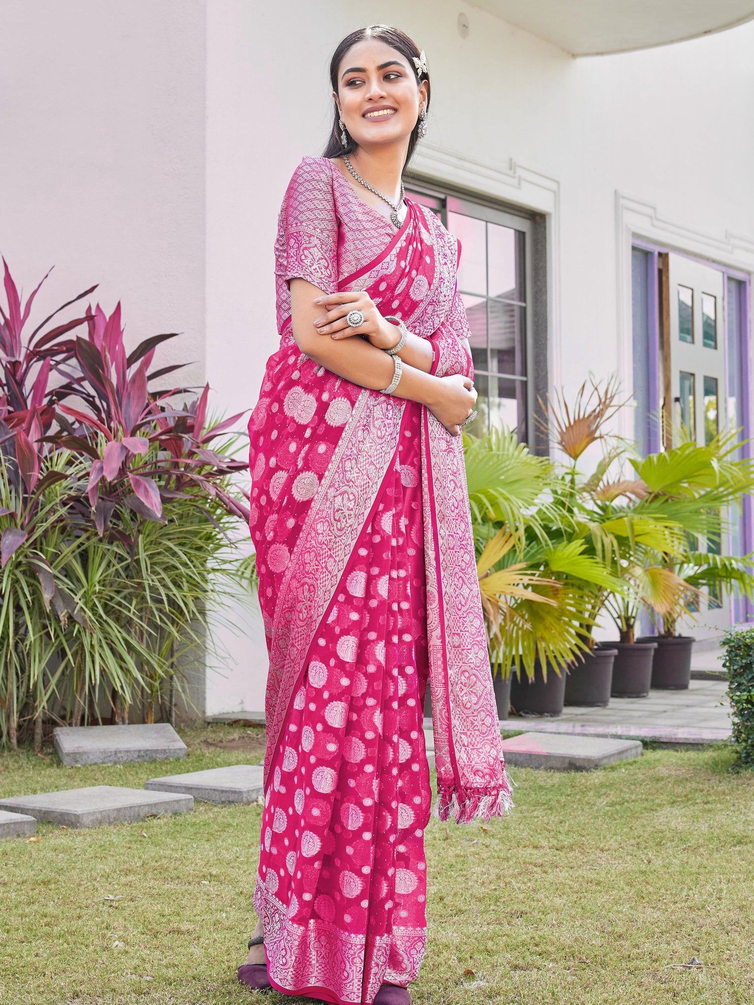 Rani Pink Georgette Saree RIYA - View 1