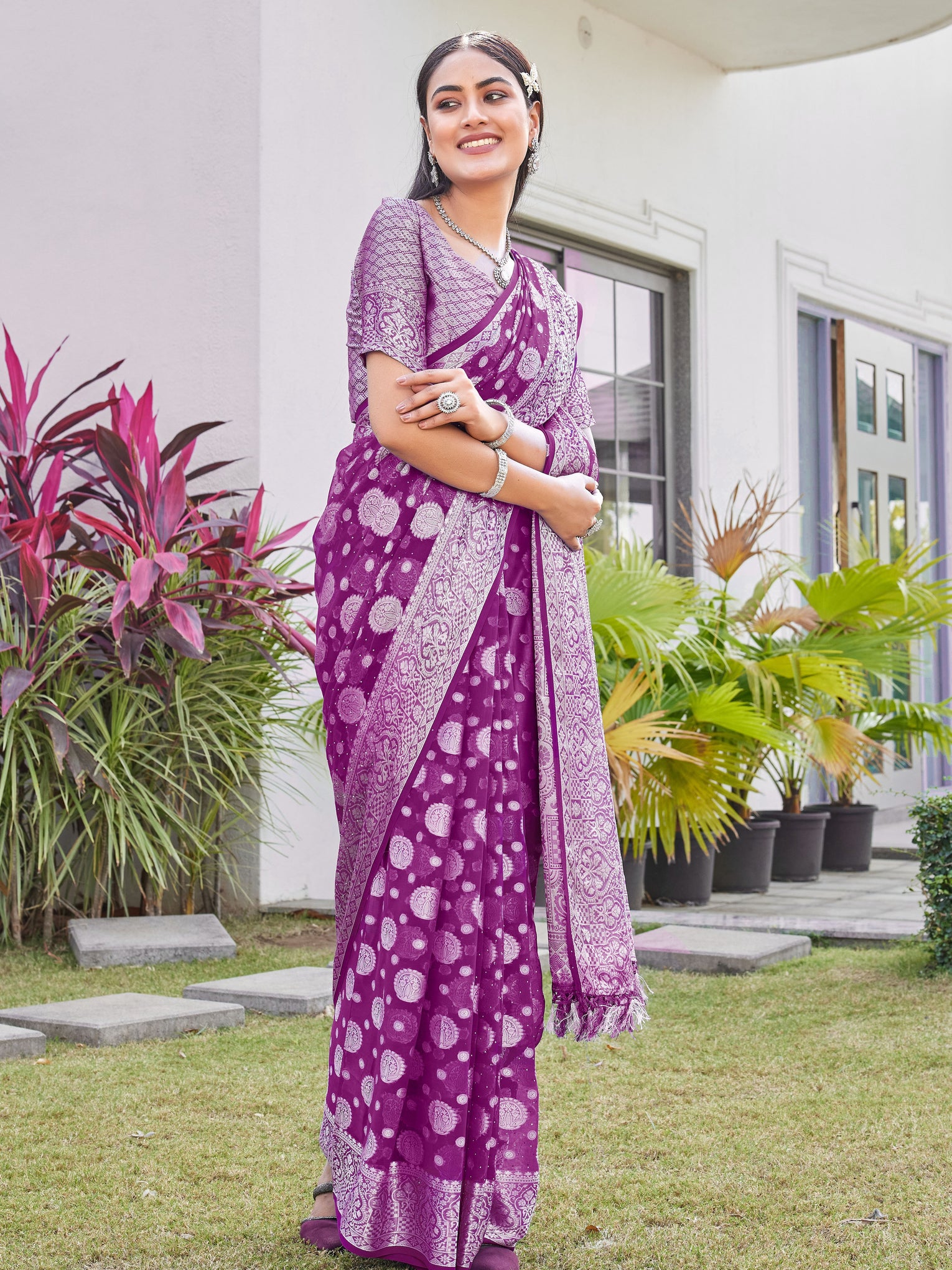 Wine Georgette Saree RIYA - View 1